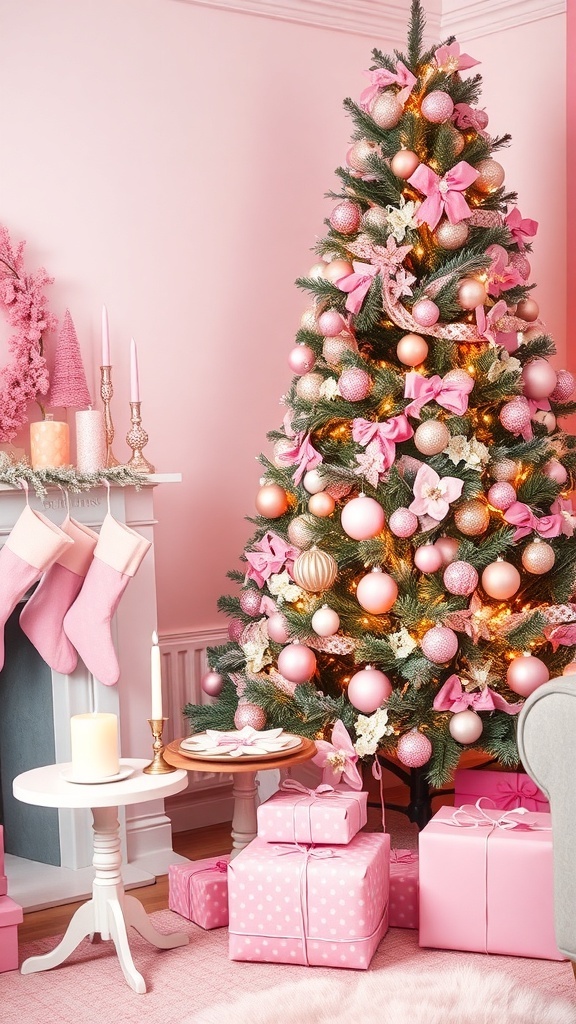 A pink Christmas tree with pink ornaments and fairy lights in a cozy living room decorated for the holidays.